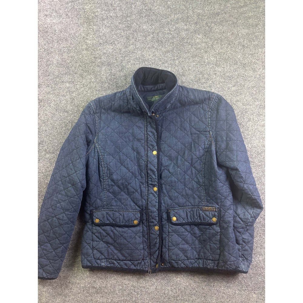 Lauren Ralph‎ Lauren Quilted Jacket Womens XL Blue Plaid Lined Corduroy Trim